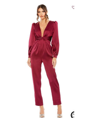 Women's Mac Duggal Red Burgundy V-Neck Long Sleeve Jumpsuit Size 4